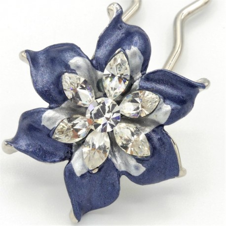 Barrette chignon fleur oblongue bleue marine